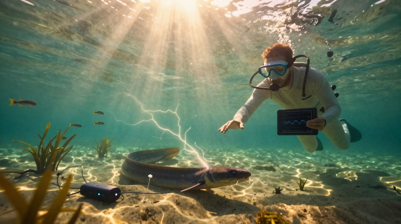 Mergulhador com tablet observa peixe elétrico gerando faíscas no fundo do mar iluminado pelo sol.