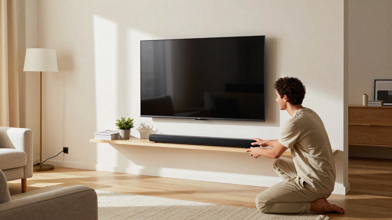 Homem ajusta soundbar em prateleira abaixo de TV de tela plana em sala de estar moderna e iluminada.