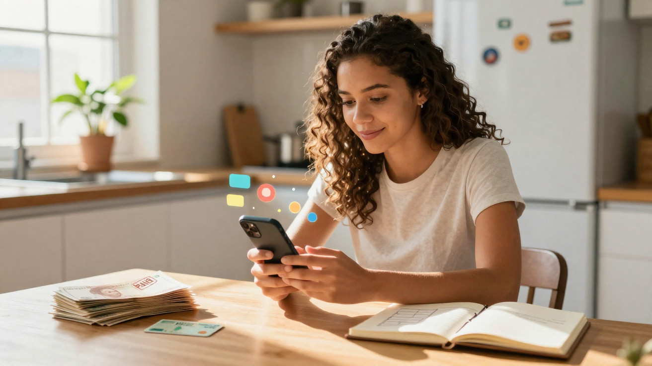 Mulher sorridente usando celular sentada à mesa com caderno, dinheiro e cartão em cozinha iluminada.