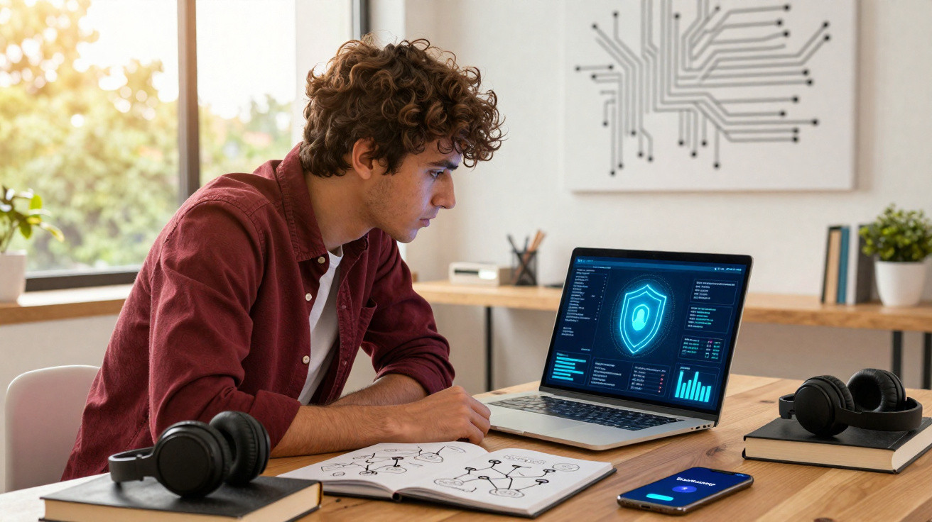 Jovem sentado à mesa analisando gráfico de segurança cibernética no notebook, com celular e cadernos.