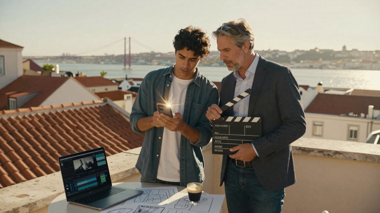 Dois homens em terraço com prancha de filme, laptop, planta arquitetônica e café ao pôr do sol.