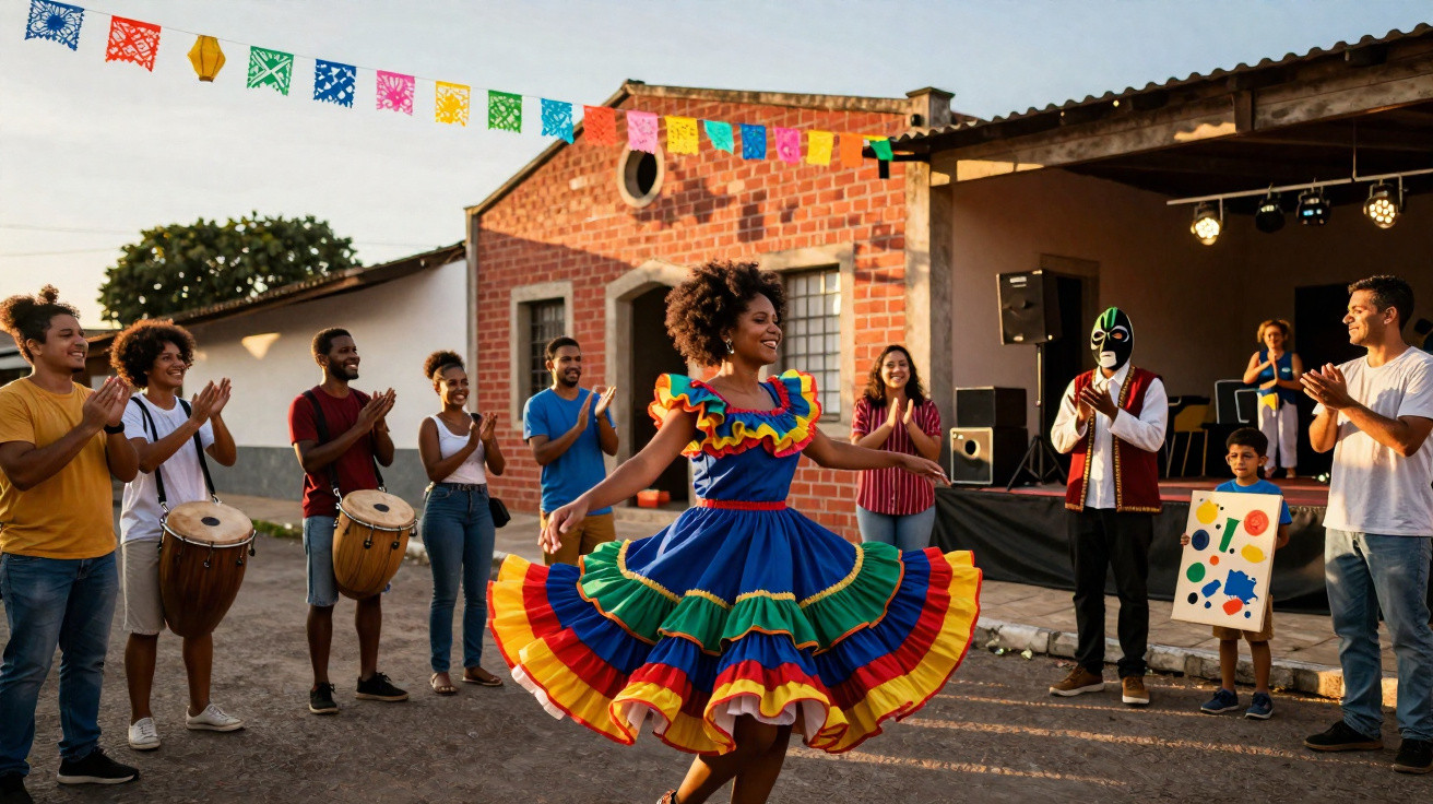 Mulher dança com vestido colorido em festa junina ao ar livre com pessoas tocando tambores e aplaudindo.