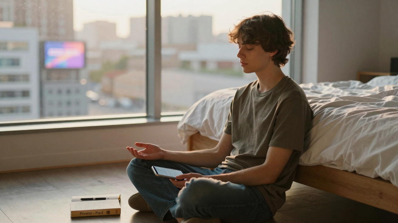 Jovem sentado no chão do quarto em posição de meditação, segurando um tablet, ao lado da cama.
