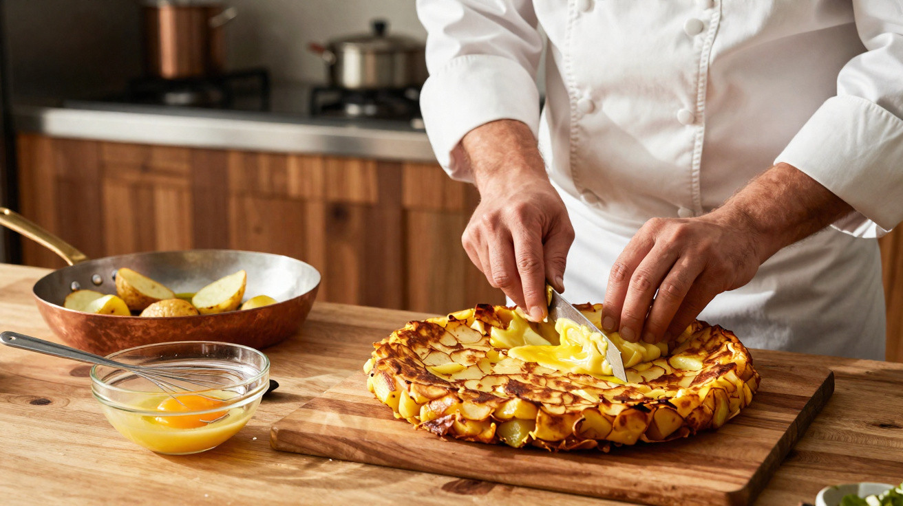 Chef cortando torta rústica de batata sobre tábua de madeira em cozinha profissional.
