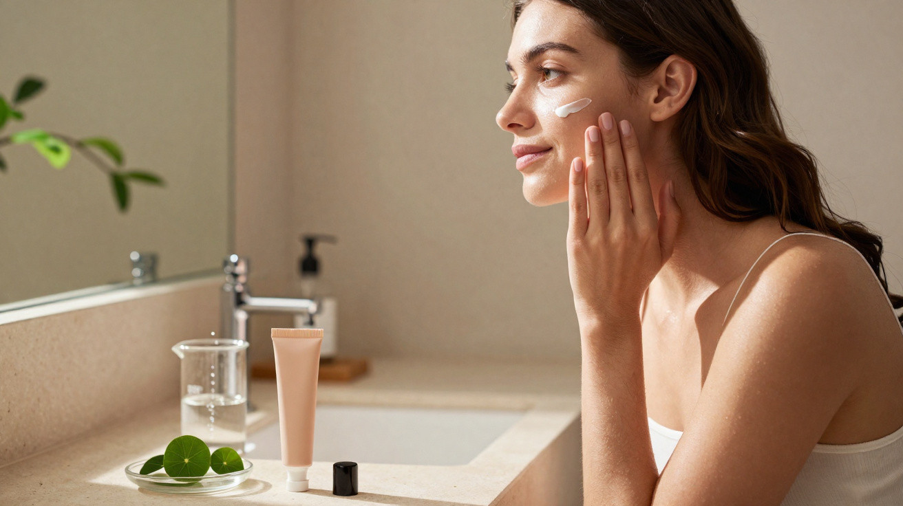 Mulher aplicando creme facial perto da pia em banheiro iluminado por luz natural.