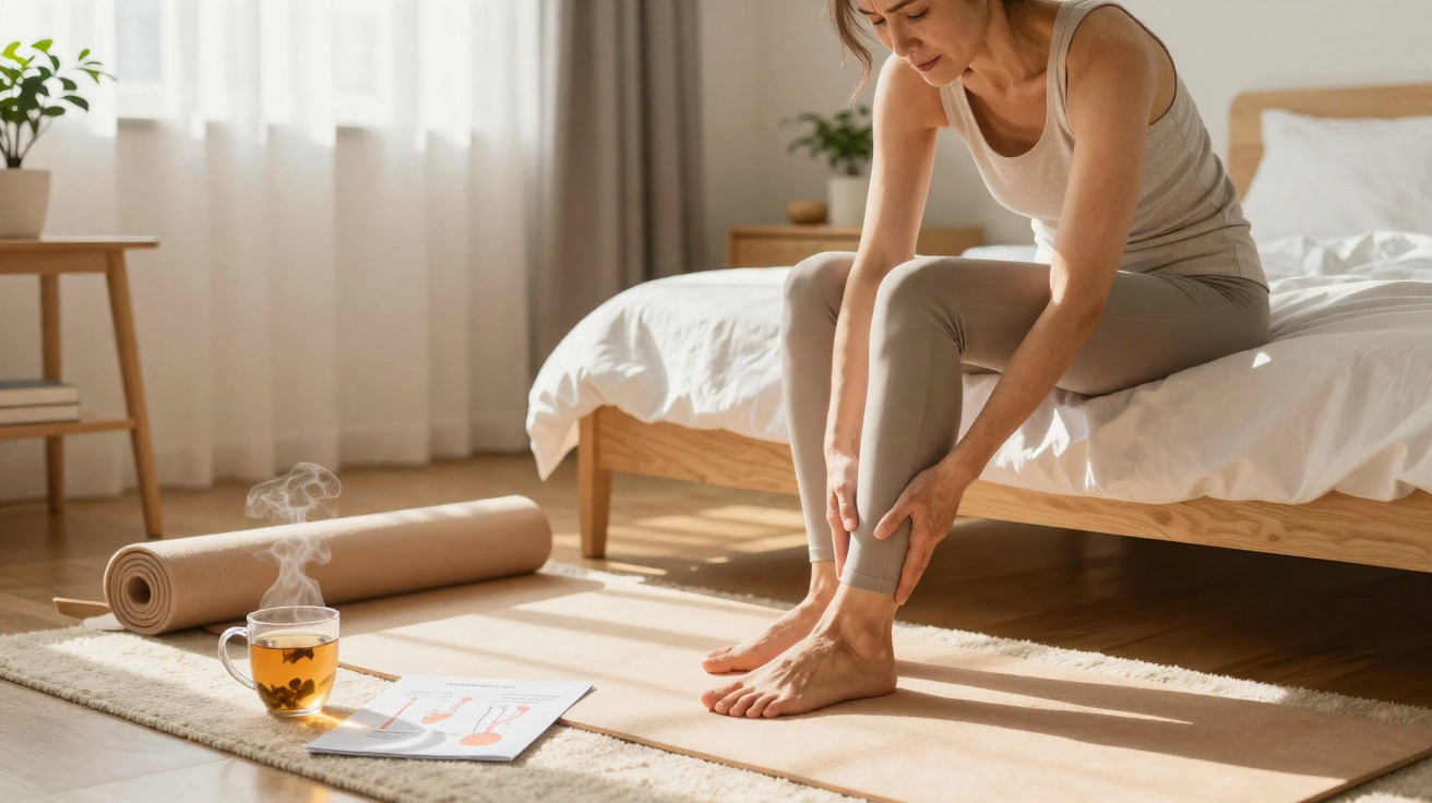 Mulher sentada na cama segurando o tornozelo, indicando dor, com xícara de chá e tapete ao lado.