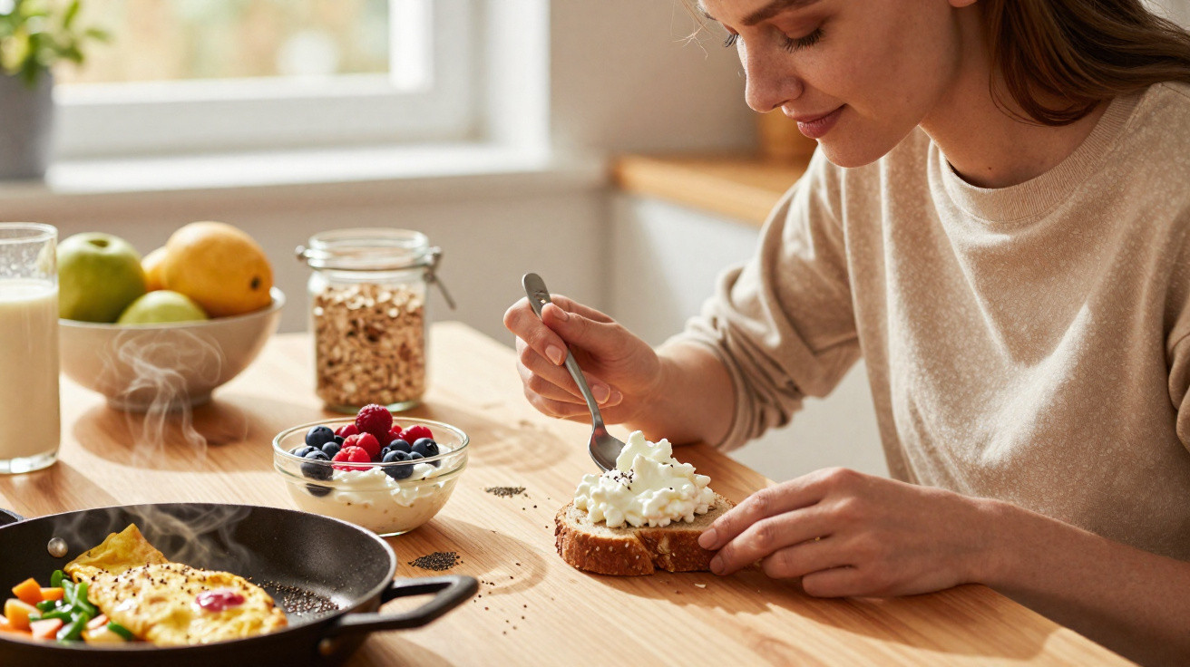 Mulher preparando torrada com creme, ao lado de frigideira com omelete e tigela com frutas vermelhas.