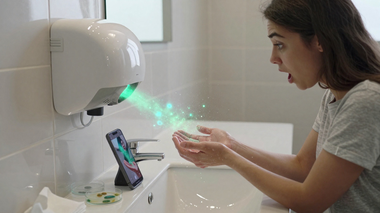 Mulher surpresa com luz verde saindo de secador de mãos automático no banheiro.