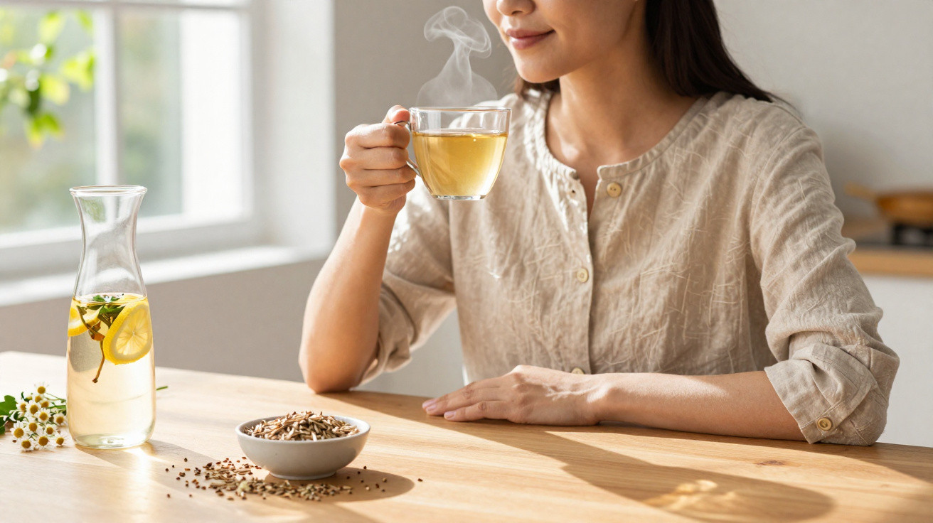 Mulher segurando xícara de chá quente, mesa com jarra de água com limão e tigela com sementes.