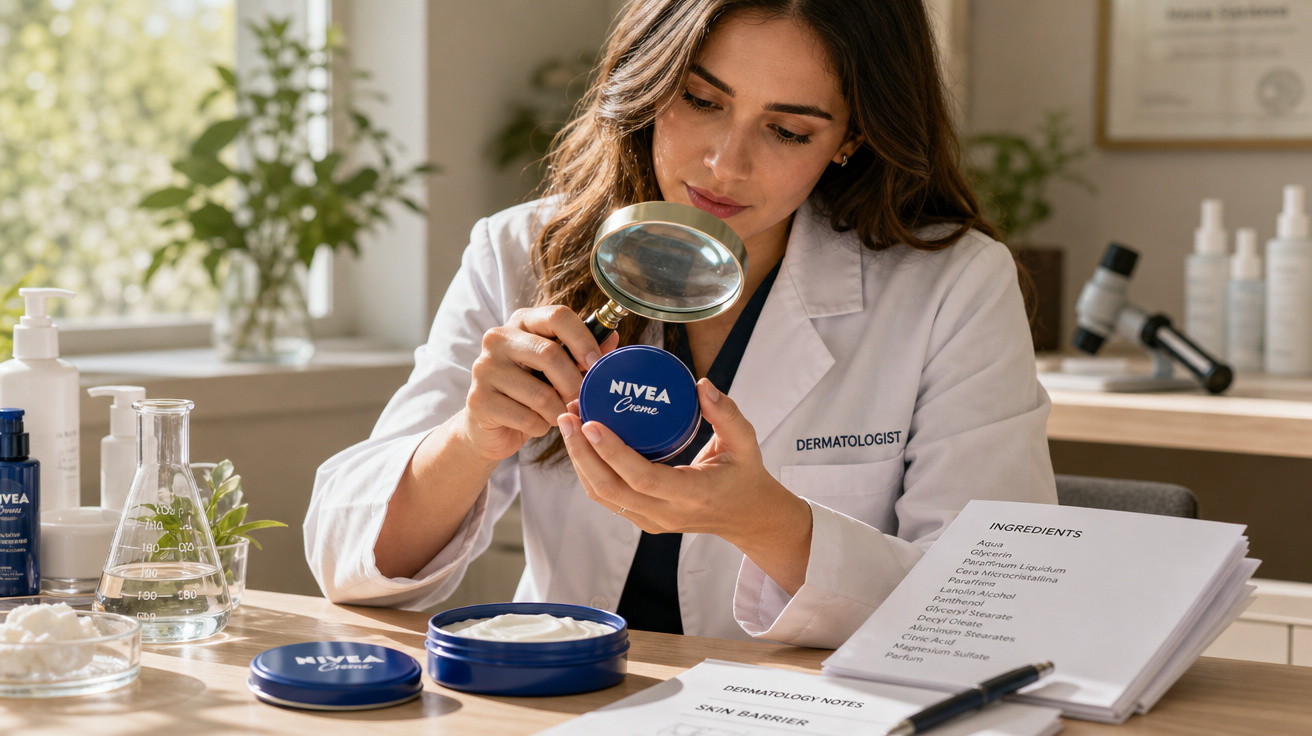 Dermatologista analisando creme Nivea com lupa em laboratório com frascos e anotações.