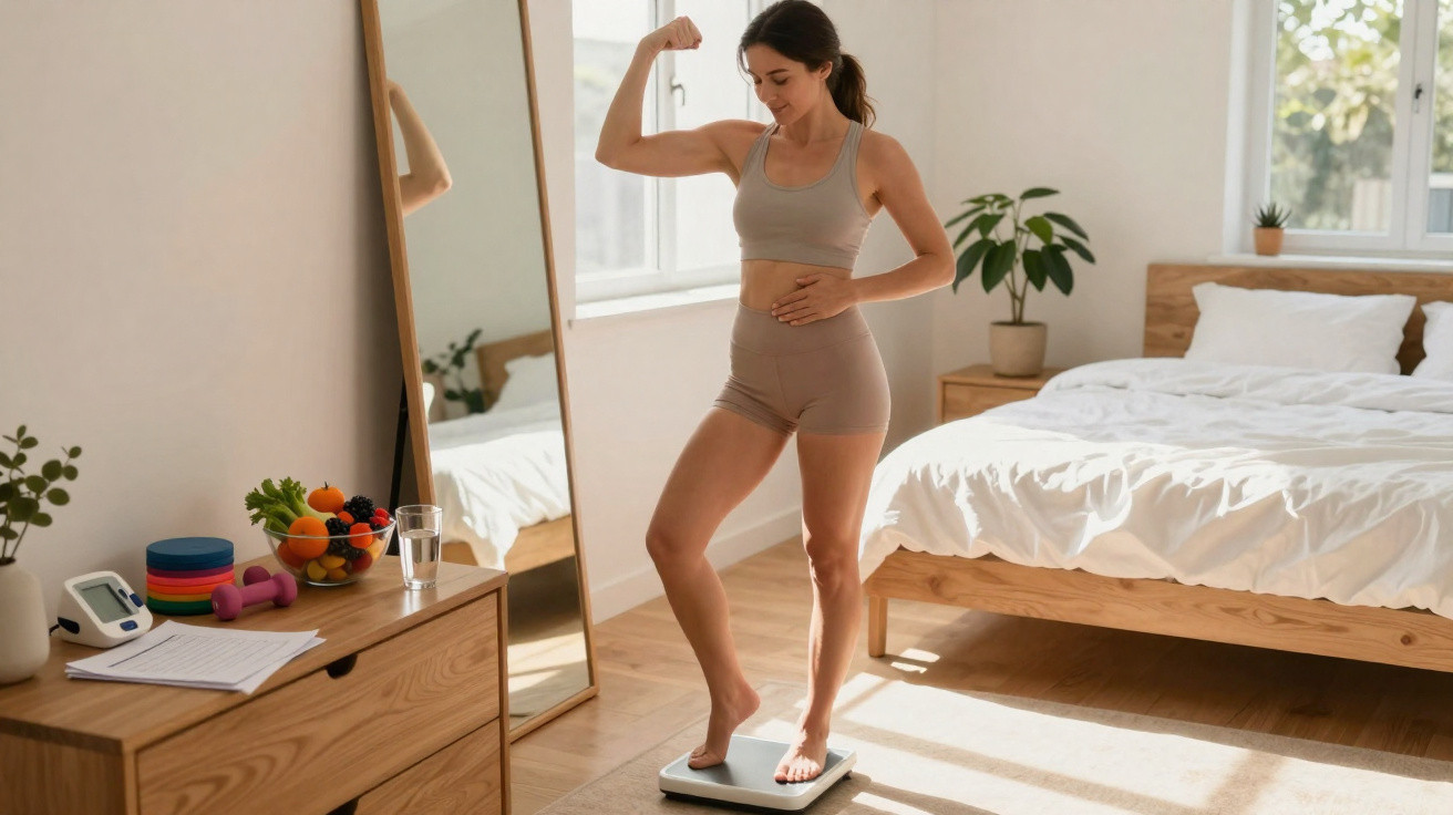 Mulher em roupas esportivas mede peso e flexiona braço em quarto iluminado e decorado com plantas.