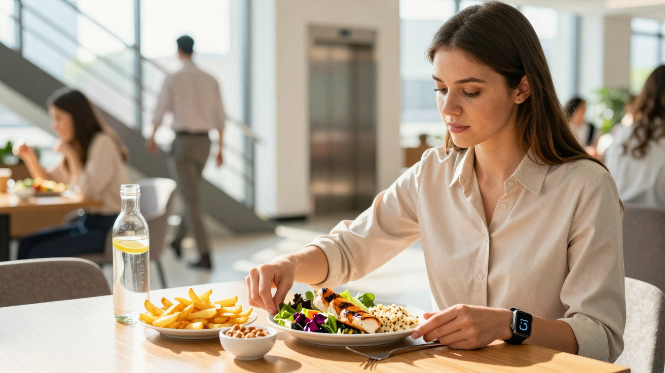 Mulher sentada à mesa com prato de comida saudável, batatas fritas, castanhas e garrafa de água.
