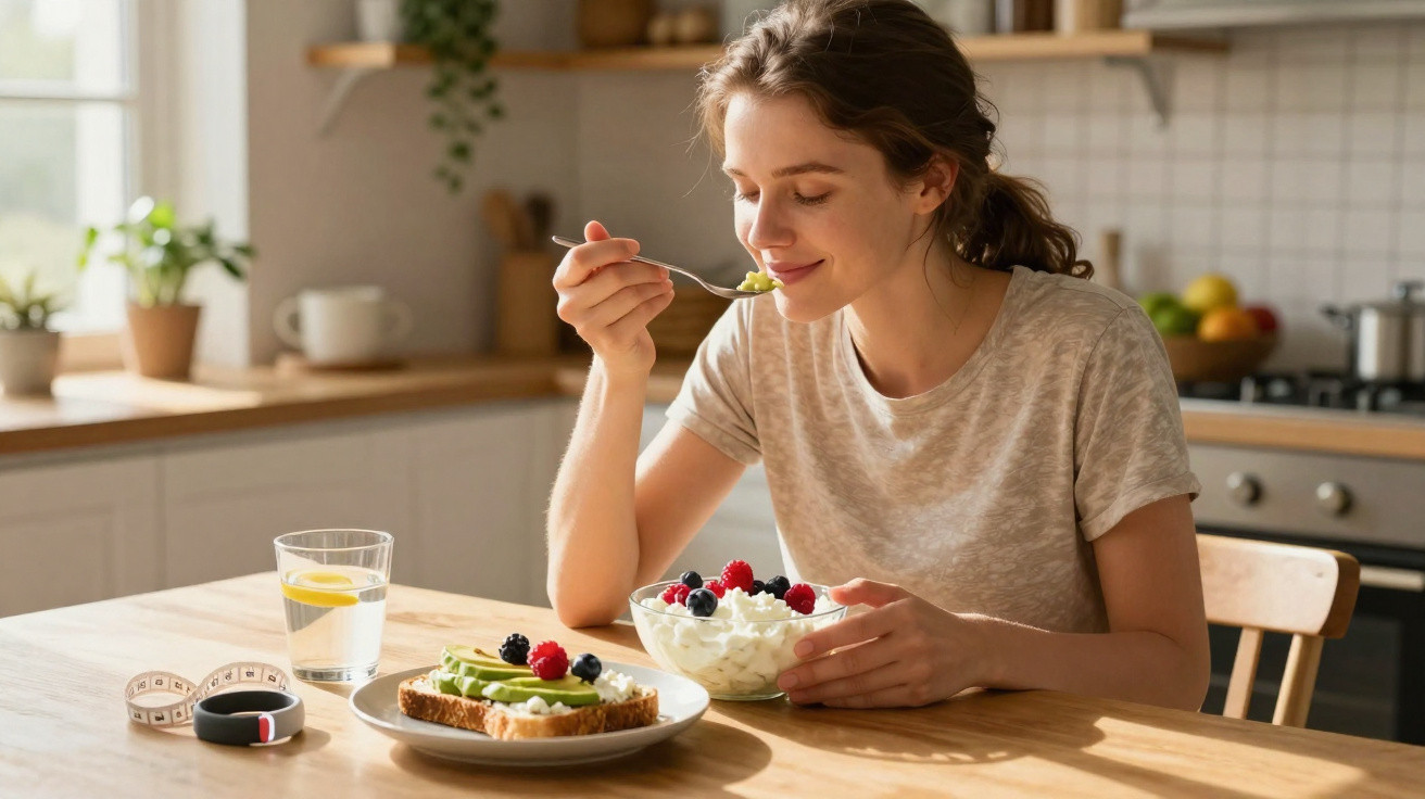Mulher sorrindo comendo iogurte com frutas na cozinha, com pão, copo d'água e fita métrica na mesa.
