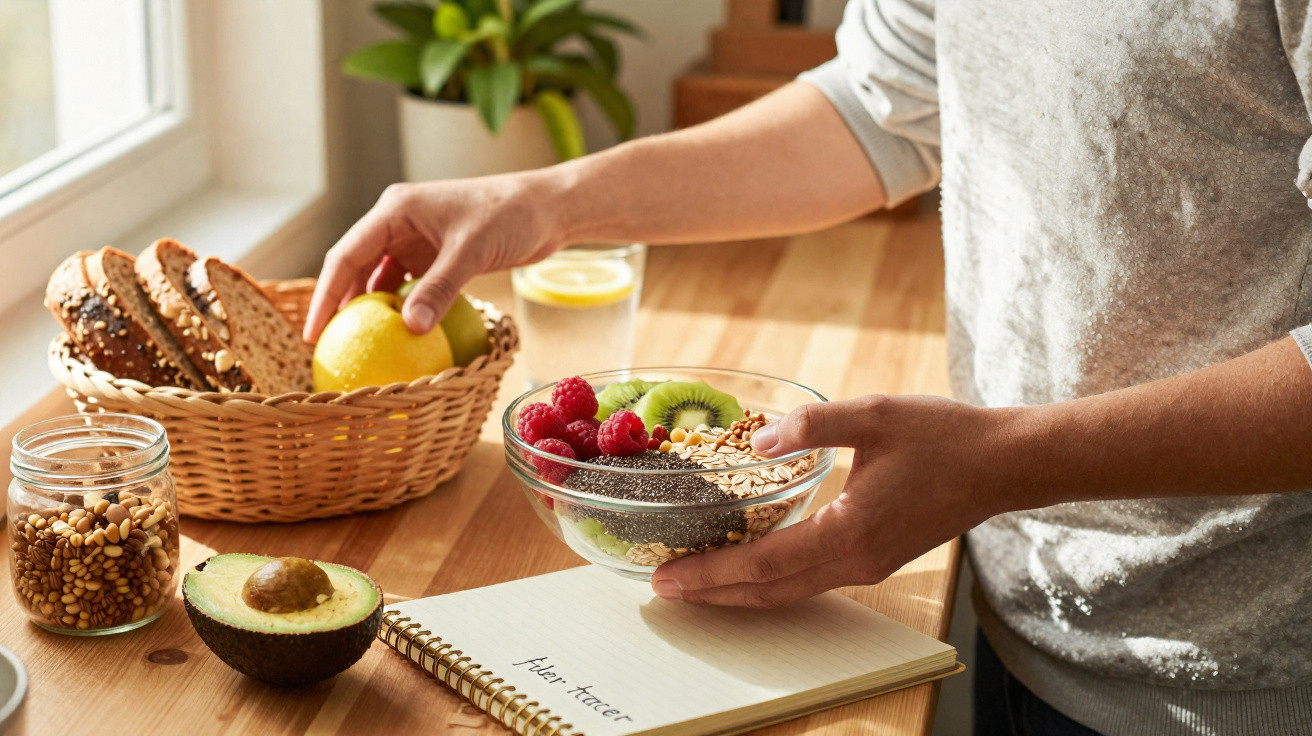 Pessoa preparando tigela com frutas, sementes e granola ao lado de pão, abacate e caderno em mesa de madeira.