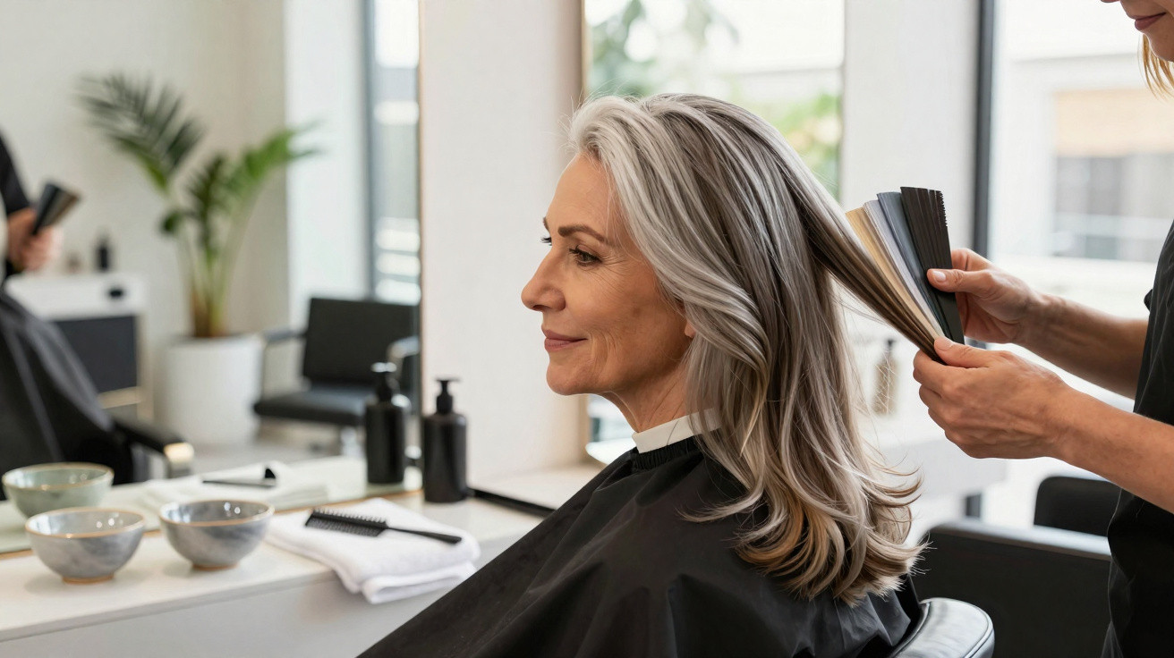 Mulher madura sorridente tendo o cabelo avaliado por cabeleireiro em salão iluminado.
