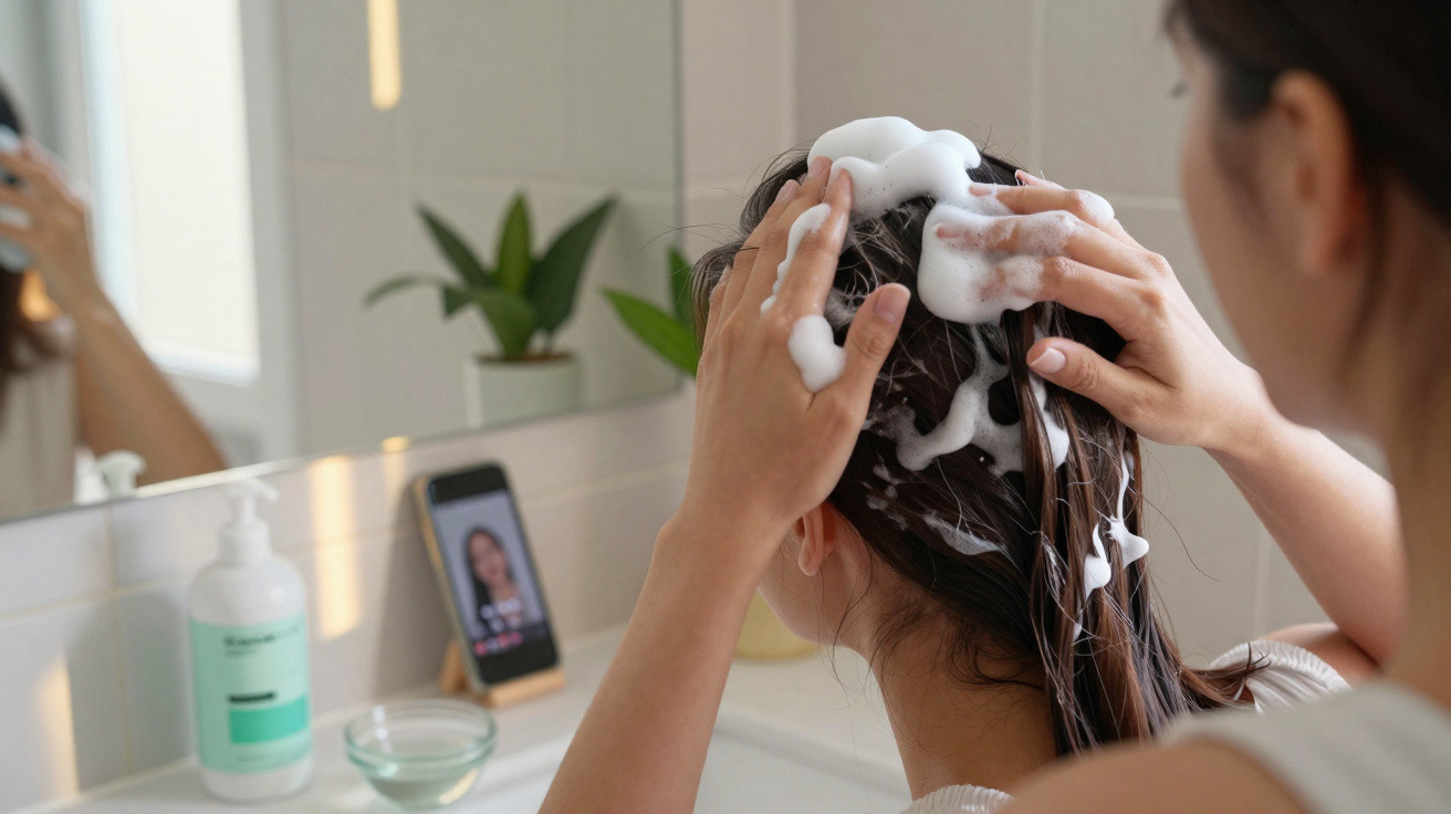 Pessoa lavando o cabelo com espuma enquanto assiste vídeo no celular apoiado no banheiro.