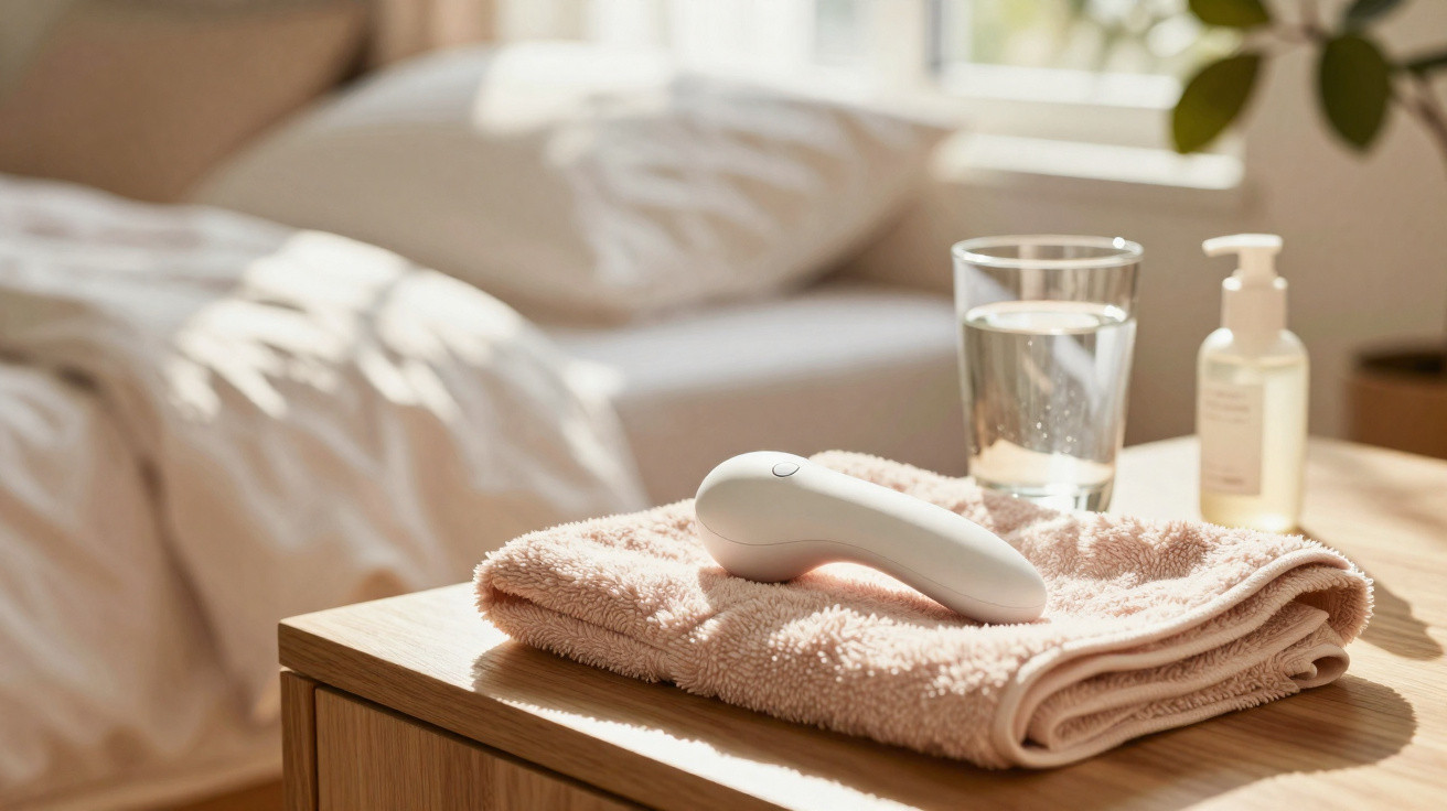 Aparelho branco sobre toalha cor de rosa em mesa com copo d’água e frasco, ao lado de cama iluminada pela luz natural.