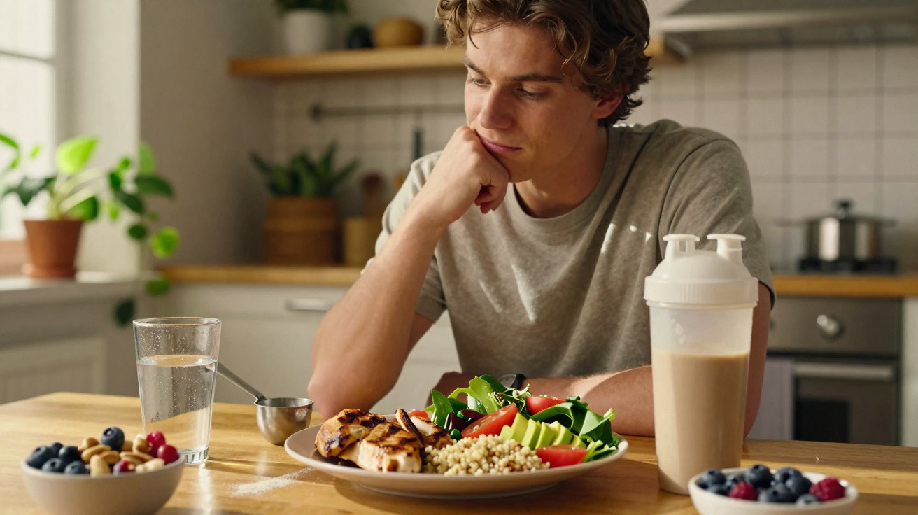 Jovem sentado à mesa com prato de comida saudável e shake em cozinha iluminada por luz natural.
