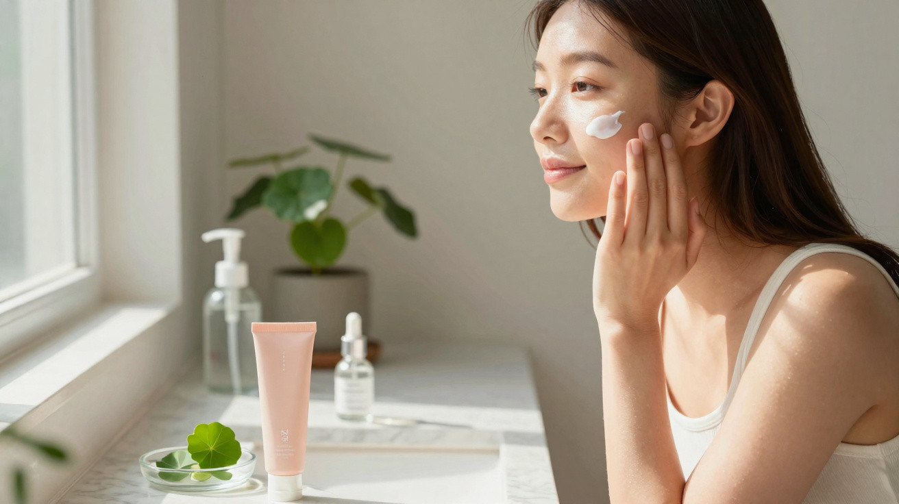 Mulher aplicando creme facial próximo a janela, com produtos de cuidados e planta ao fundo.