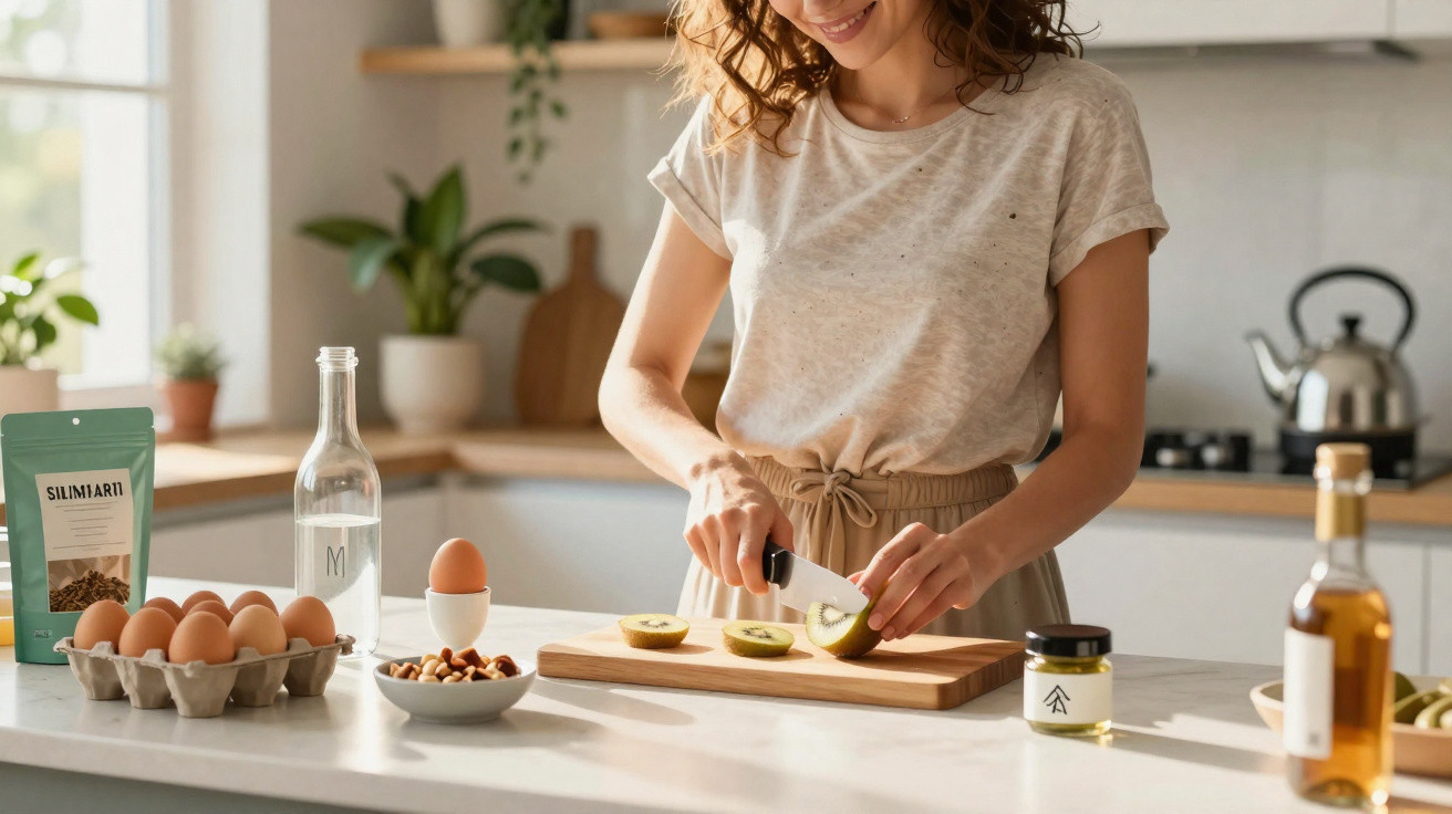 Mulher sorrindo corta kiwi na tábua com ingredientes saudáveis em bancada de cozinha iluminada.