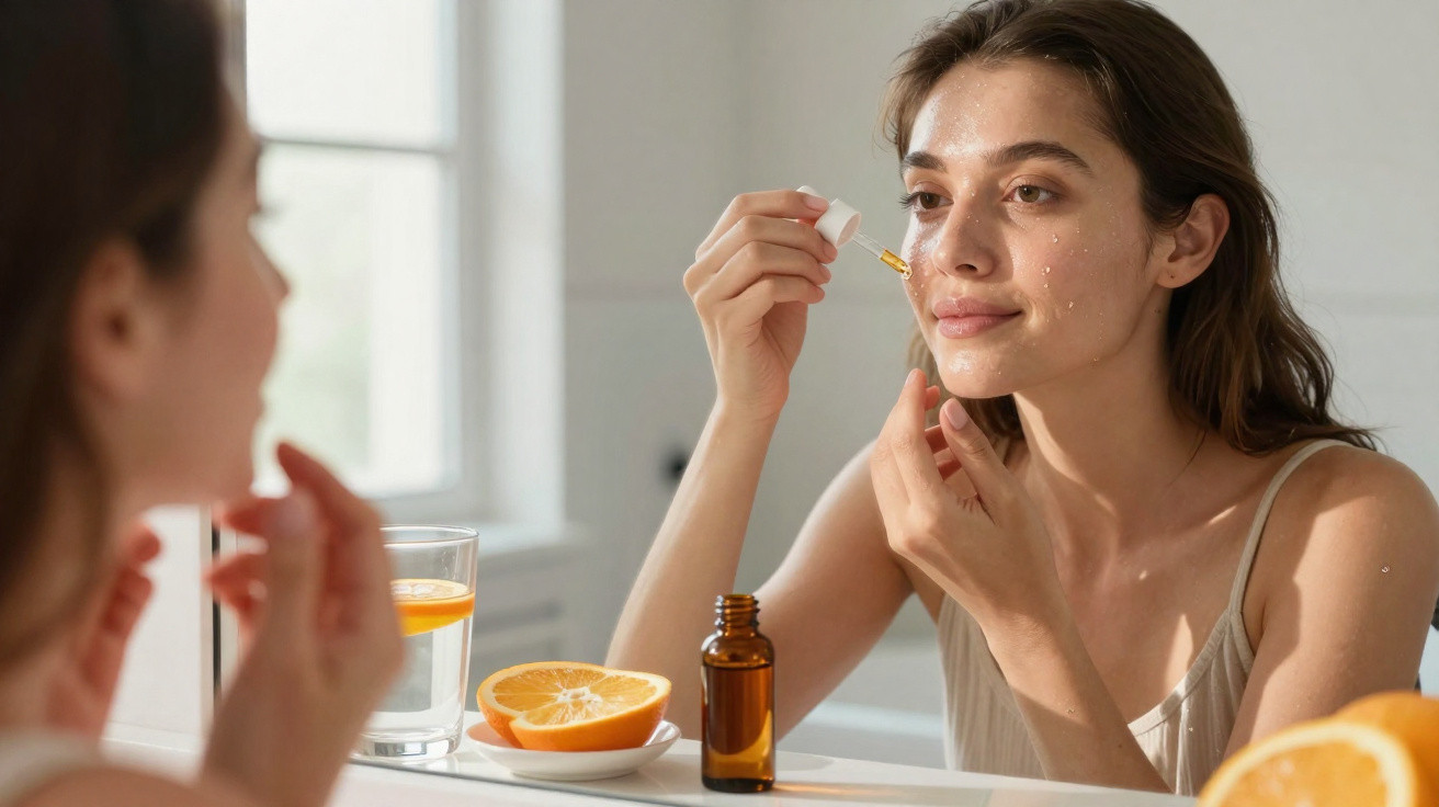 Mulher aplicando sérum facial no rosto em frente ao espelho, com laranja e copo d'água na bancada.