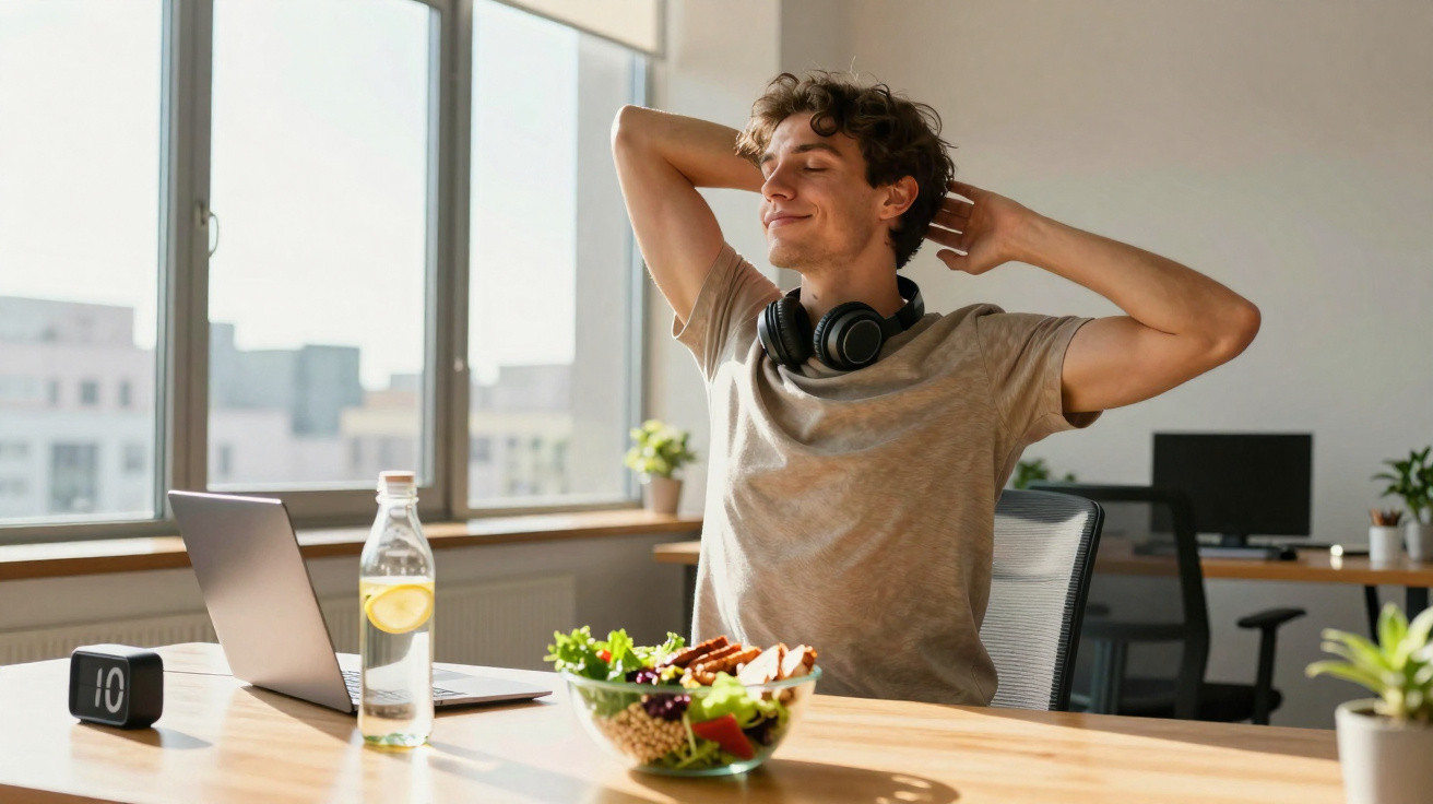 Jovem relaxando esticado em cadeira, com fones no pescoço, próximo a salada e laptop em mesa iluminada.