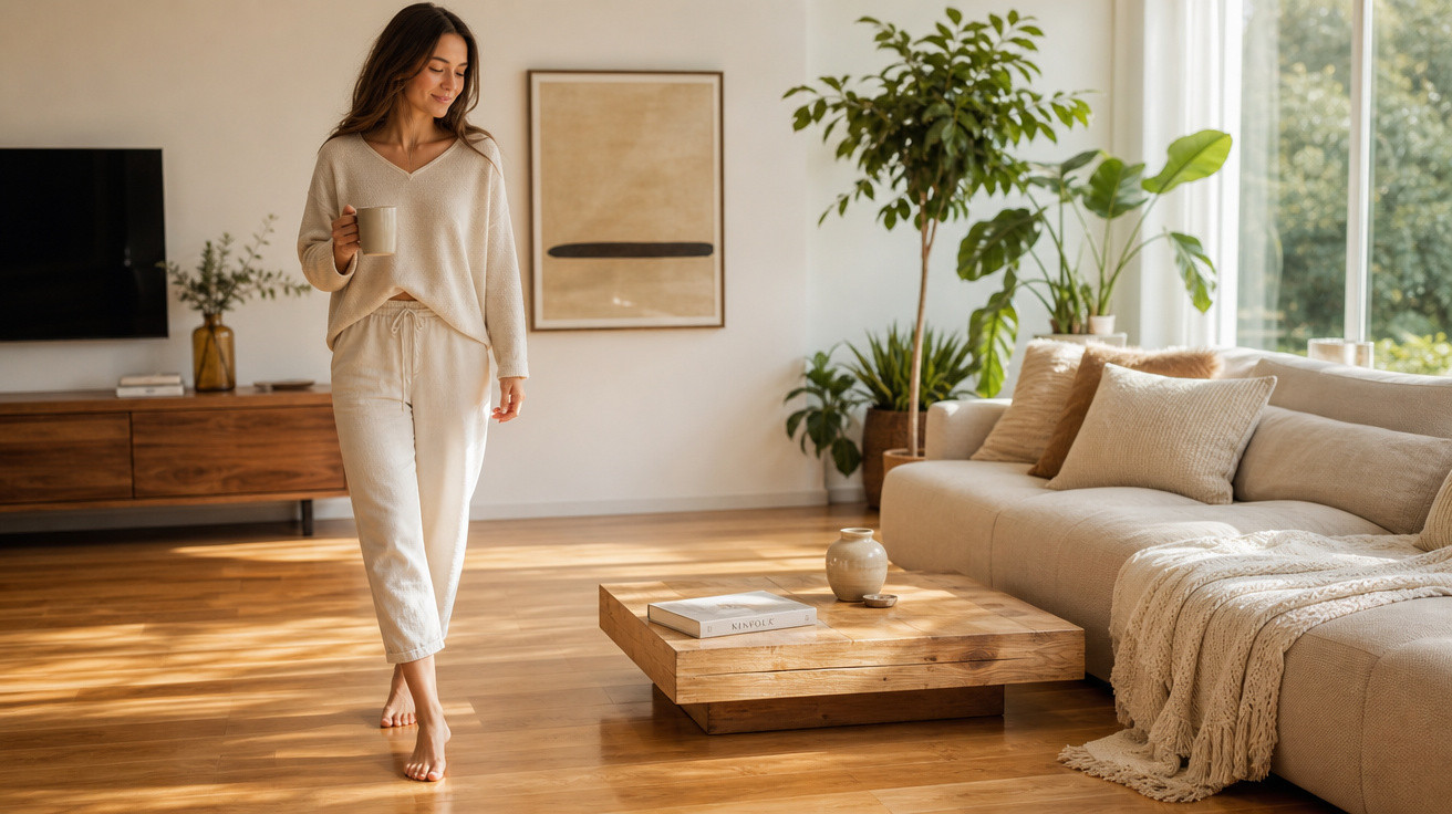 Mulher caminhando descalça com caneca na sala clara e aconchegante com sofá, mesa de madeira e plantas.