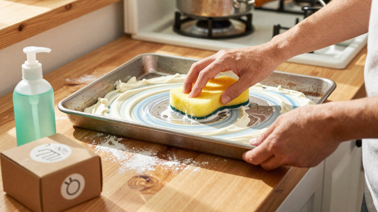 Pessoa limpando assadeira com esponja amarela na cozinha, ao lado de frasco de sabão líquido.