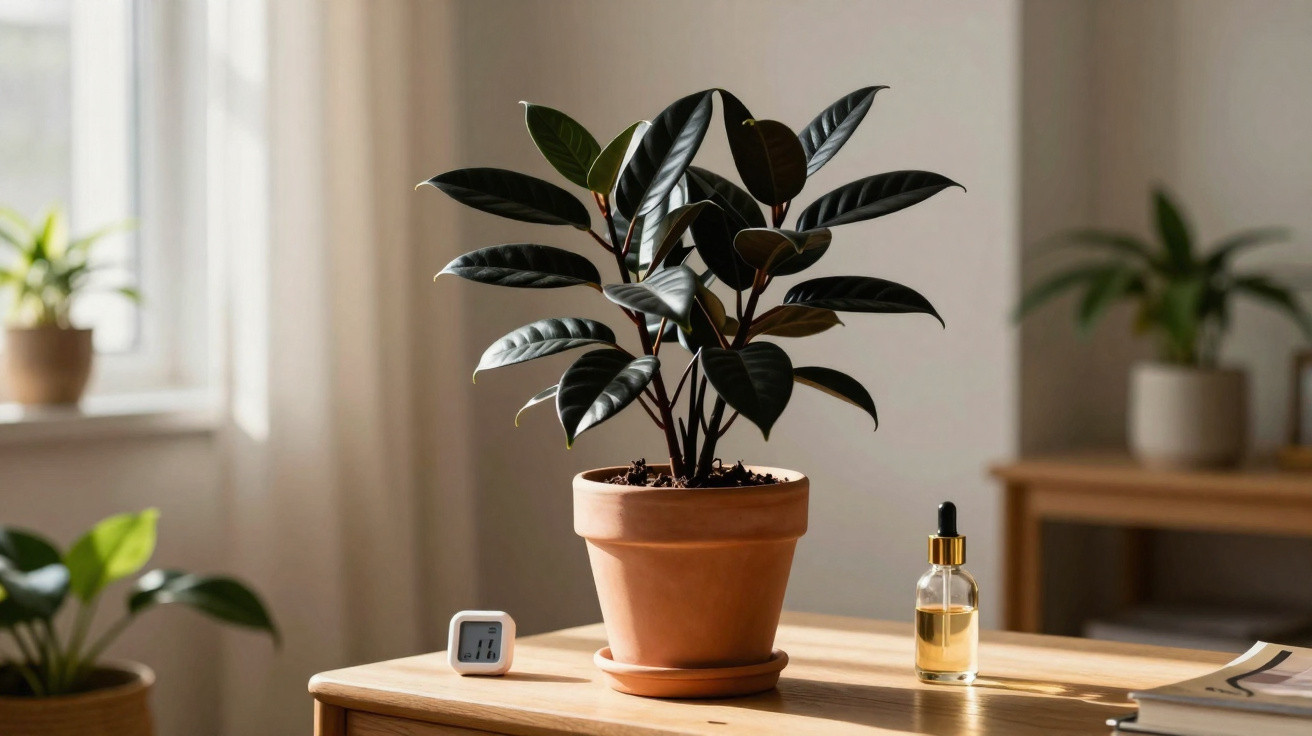 Planta em vaso de cerâmica marrom sobre mesa de madeira em ambiente interno iluminado pela luz natural.