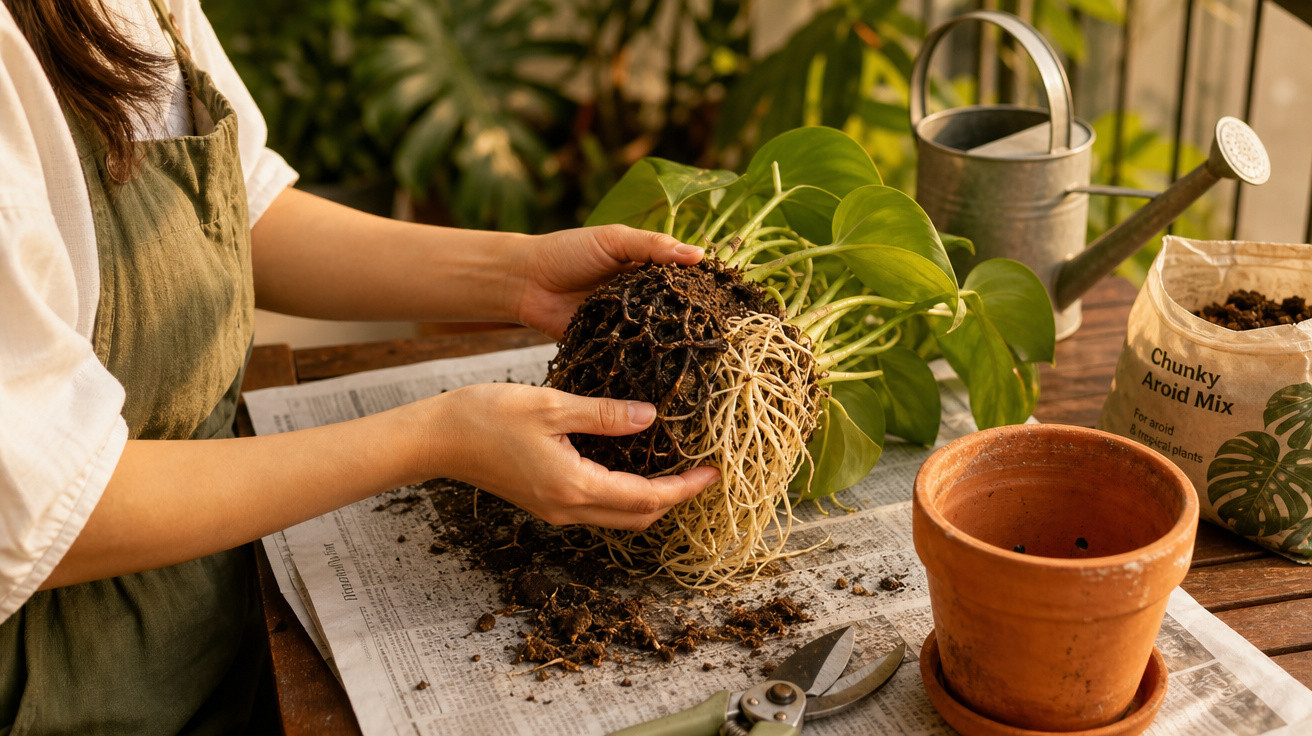 Pessoa transplantando planta com raízes expostas em mesa com utensílios de jardinagem.