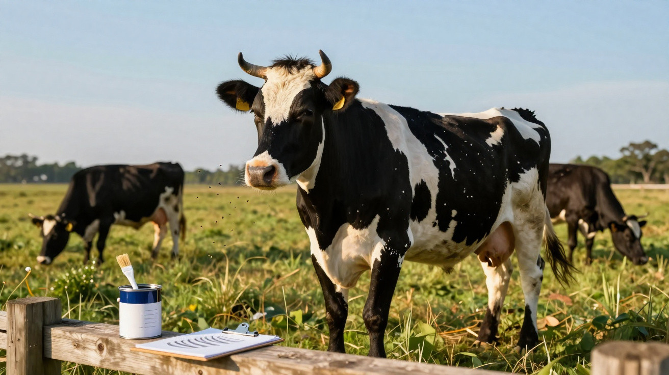 Vaca preta e branca em pasto com outras vacas ao fundo e prancheta com pincel em cerca de madeira.
