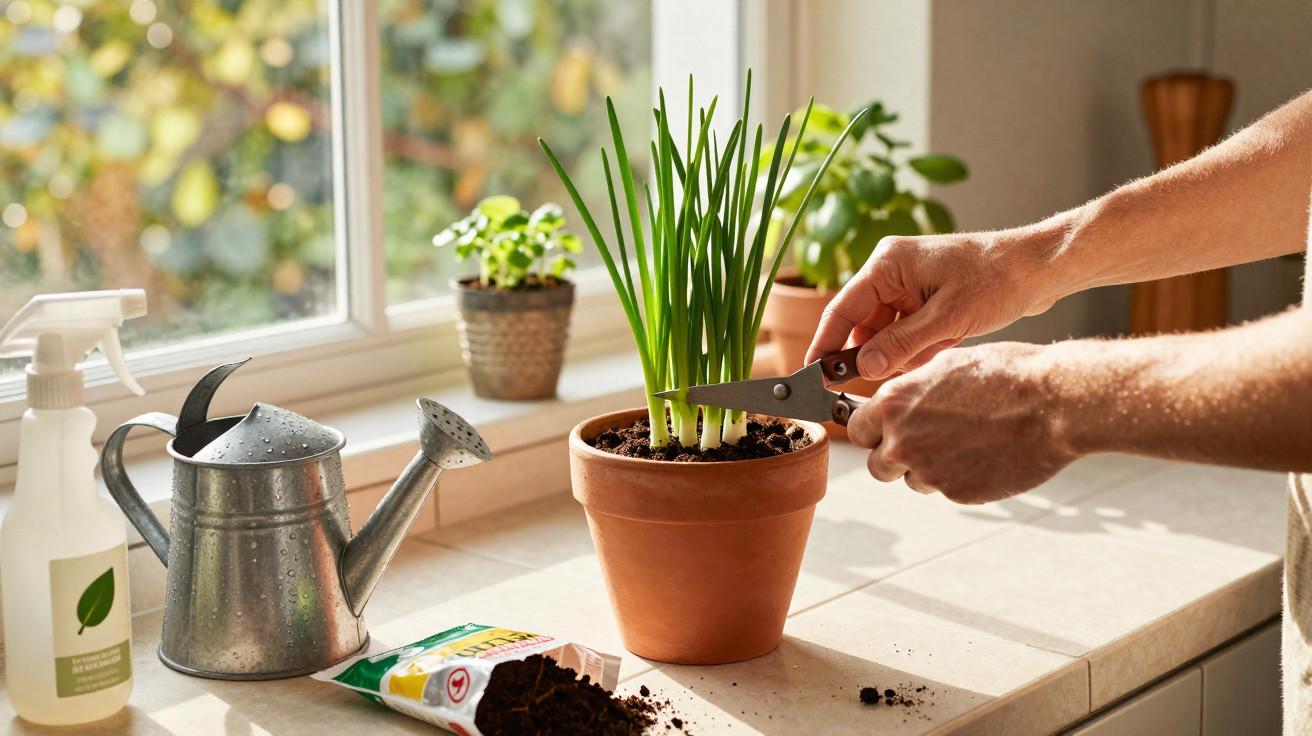 Pessoa cortando cebolinha em vaso de cerâmica em bancada com regador, adubo e plantas ao fundo.