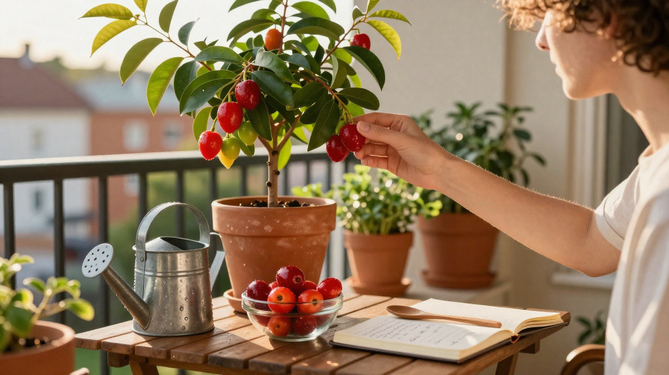 Pessoa colhendo acerolas vermelhas de um vaso, com regador, caderno e outras plantas ao redor em varanda.