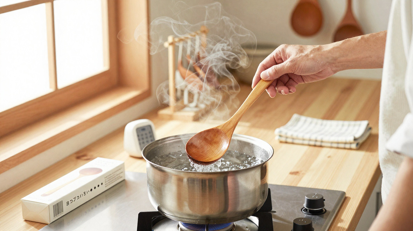 Mão mexendo com colher de pau em panela de água fervente sobre fogão em cozinha iluminada.