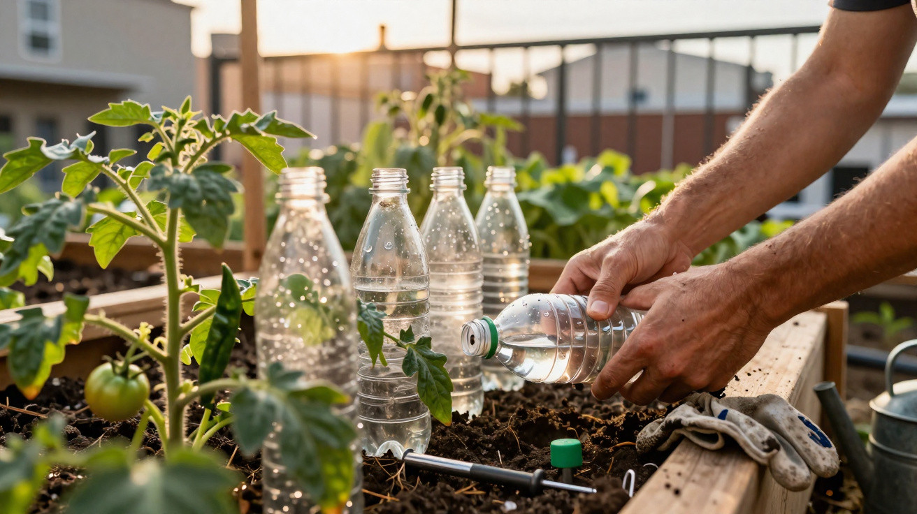 Pessoa regando plantas em horta com garrafas plásticas reutilizadas ao entardecer.
