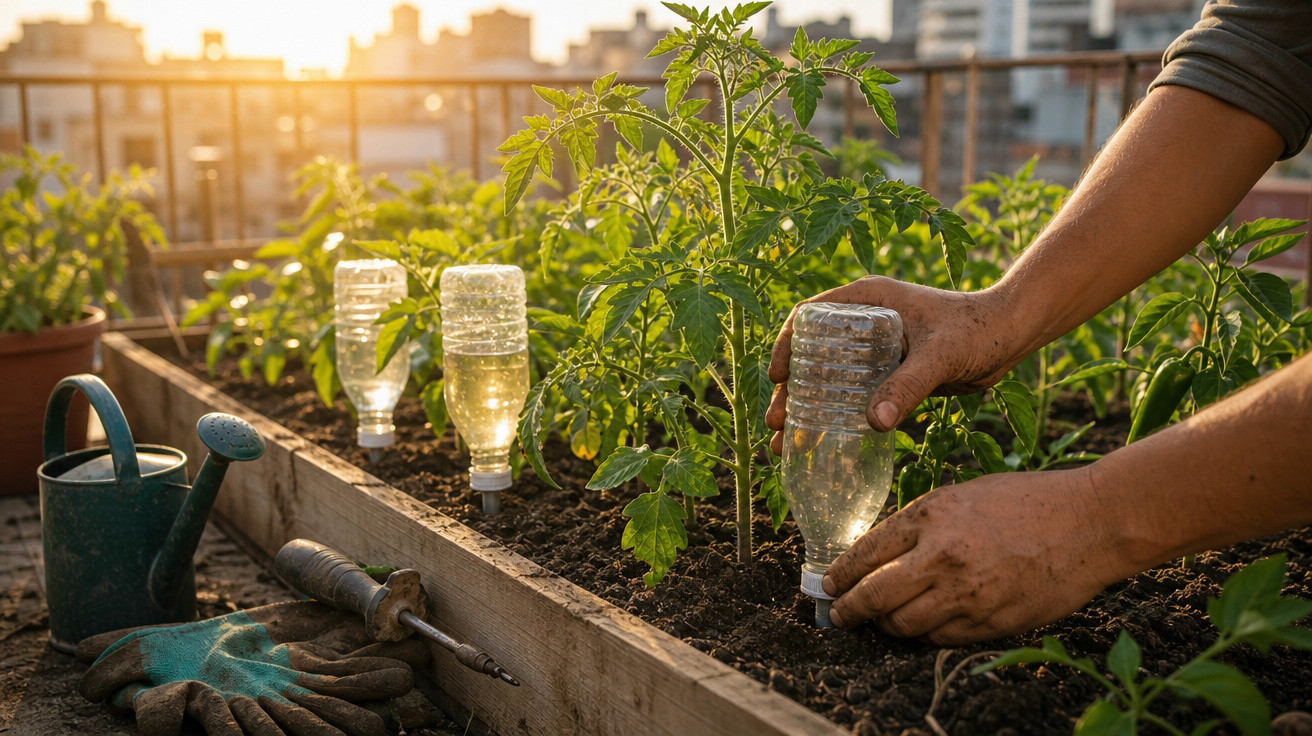 Mãos ajustam garrafa com água para regar plantas em canteiro elevado numa horta urbana ao pôr do sol.