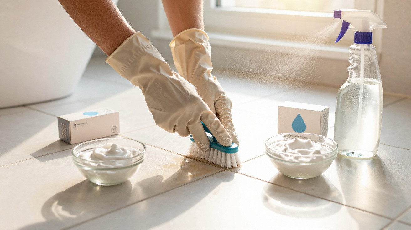 Mãos com luvas limpando rejunte do piso de cerâmica com escova e spray, ao lado de potes com creme de limpeza.