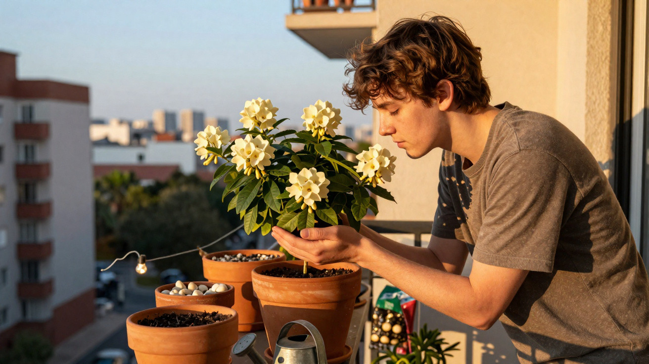 Jovem aprecia flor amarela em vaso no terraço ao pôr do sol, cercado por outros vasos e regador.
