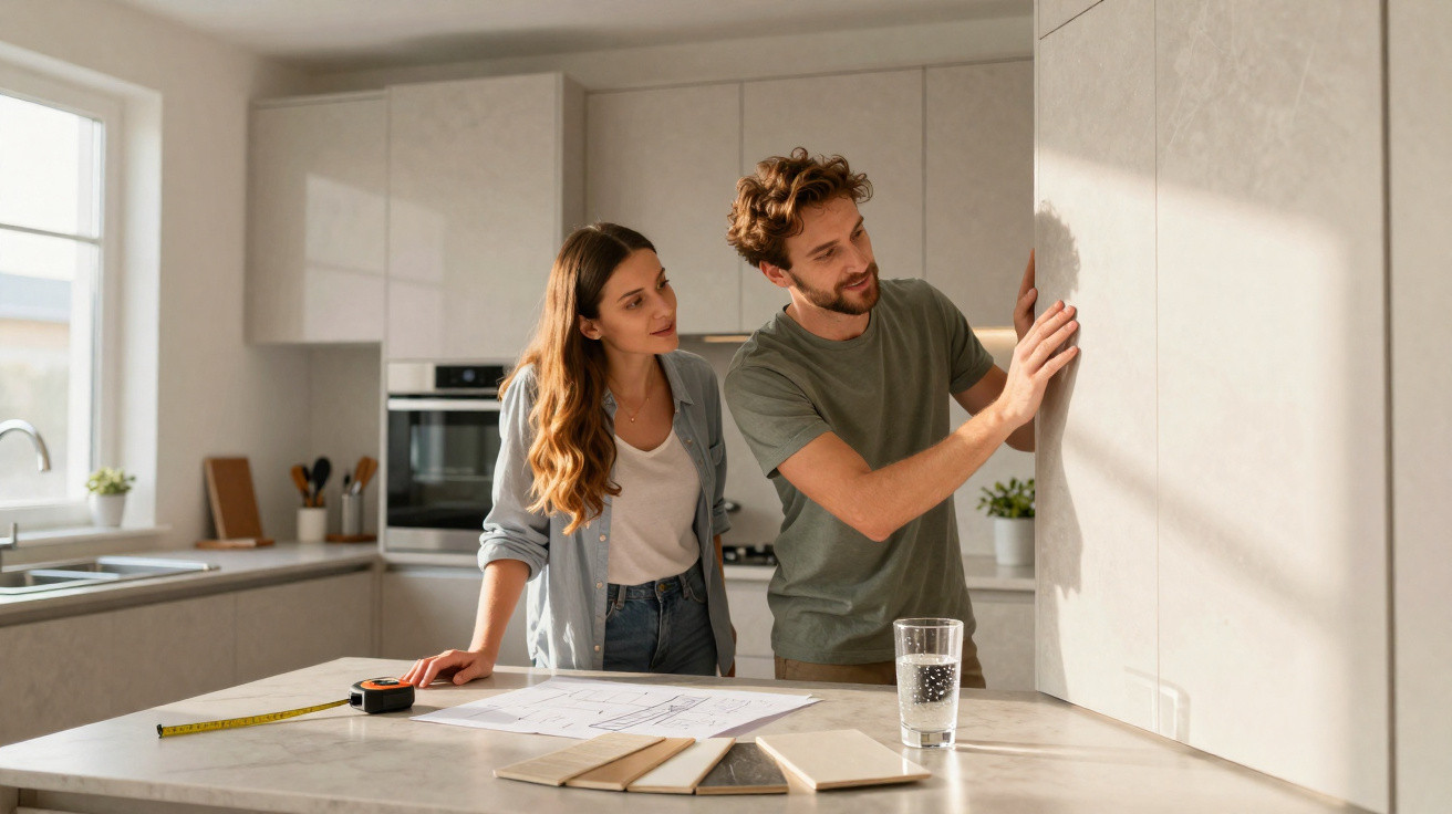 Casal jovem planejando reforma na cozinha, analisando amostras de revestimento e plantas na bancada.