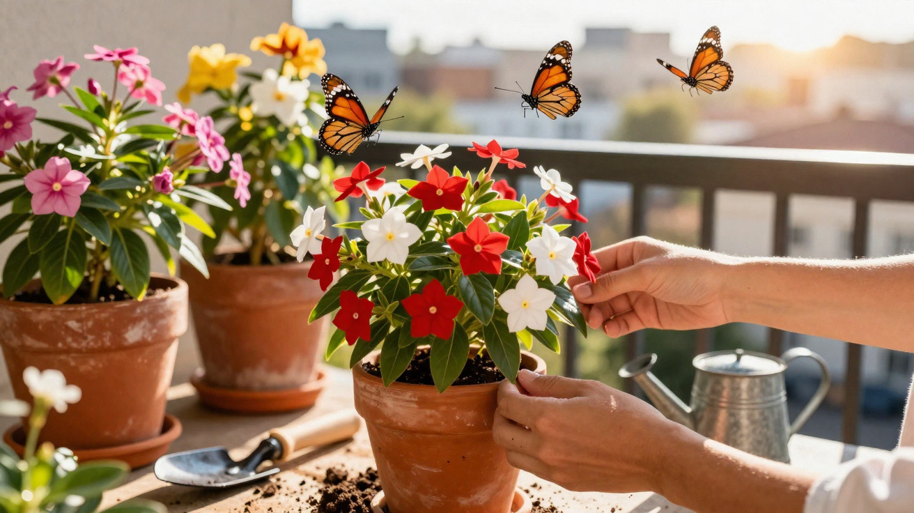 Mãos cuidando de flores vermelhas e brancas em vaso, com borboletas laranja em varanda ensolarada.