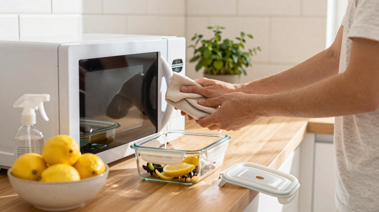 Pessoa limpando a porta de um micro-ondas branco na cozinha com pano e frutas na bancada.