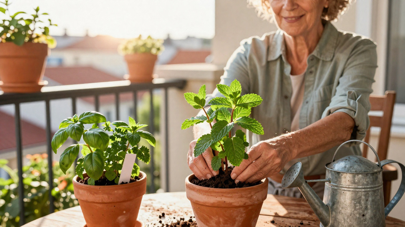 Mulher idosa cuidando de plantas em vasos de barro em mesa ao ar livre, com regador ao lado.