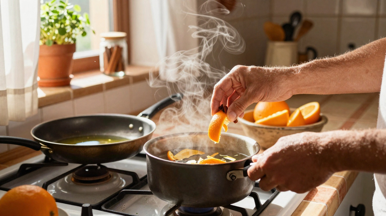 Pessoa adiciona cascas de laranja em panela com vapor em fogão de cozinha iluminada pela janela.