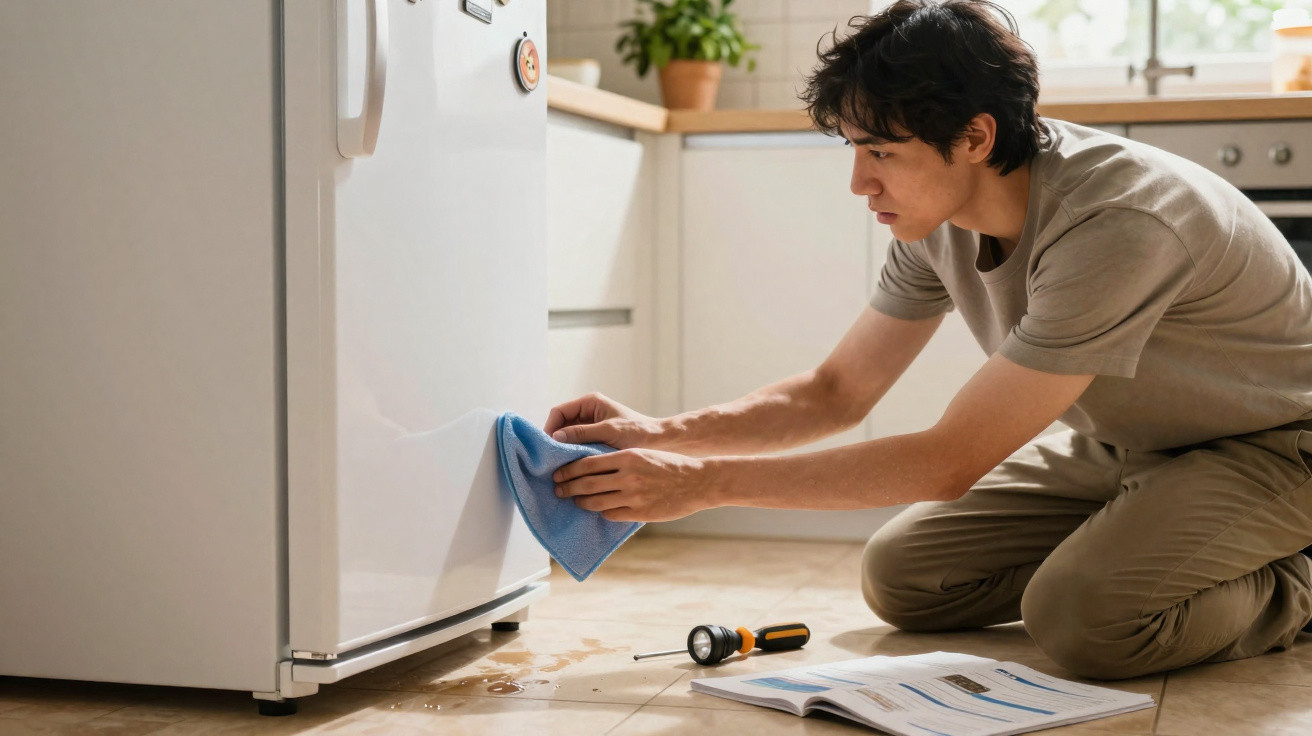 Homem ajoelhado limpando água derramada no chão perto da geladeira na cozinha.
