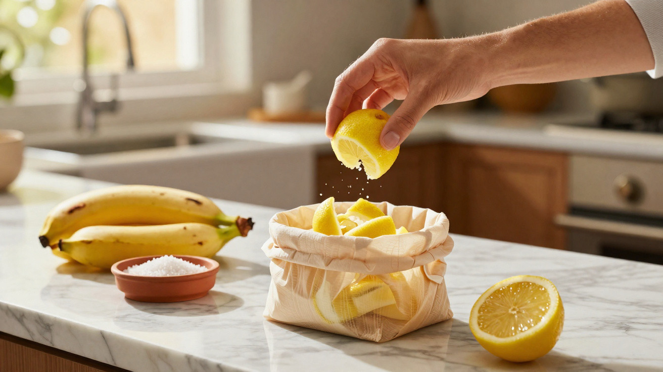 Mão espremendo limão sobre tábua com limões cortados, bananas e pote de sal em bancada de cozinha.