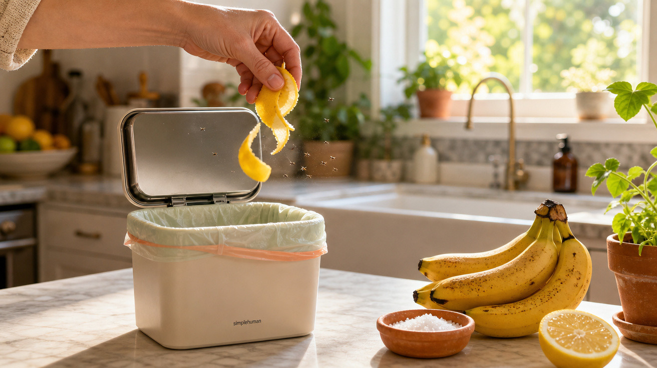 Mão descartando casca de limão em lixeira pequena em cozinha iluminada com bananas e plantas ao fundo.