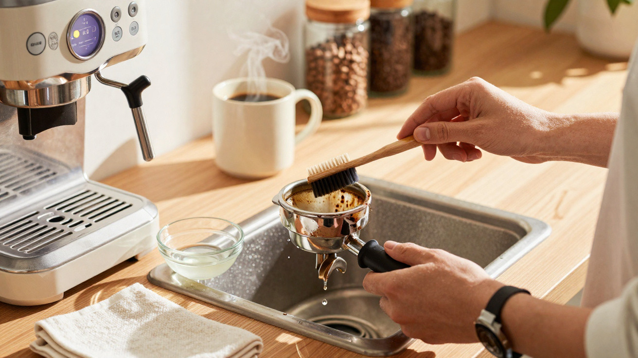 Pessoa limpando porta-filtro de cafeteira expresso com escova ao lado de caneca com café em bancada.