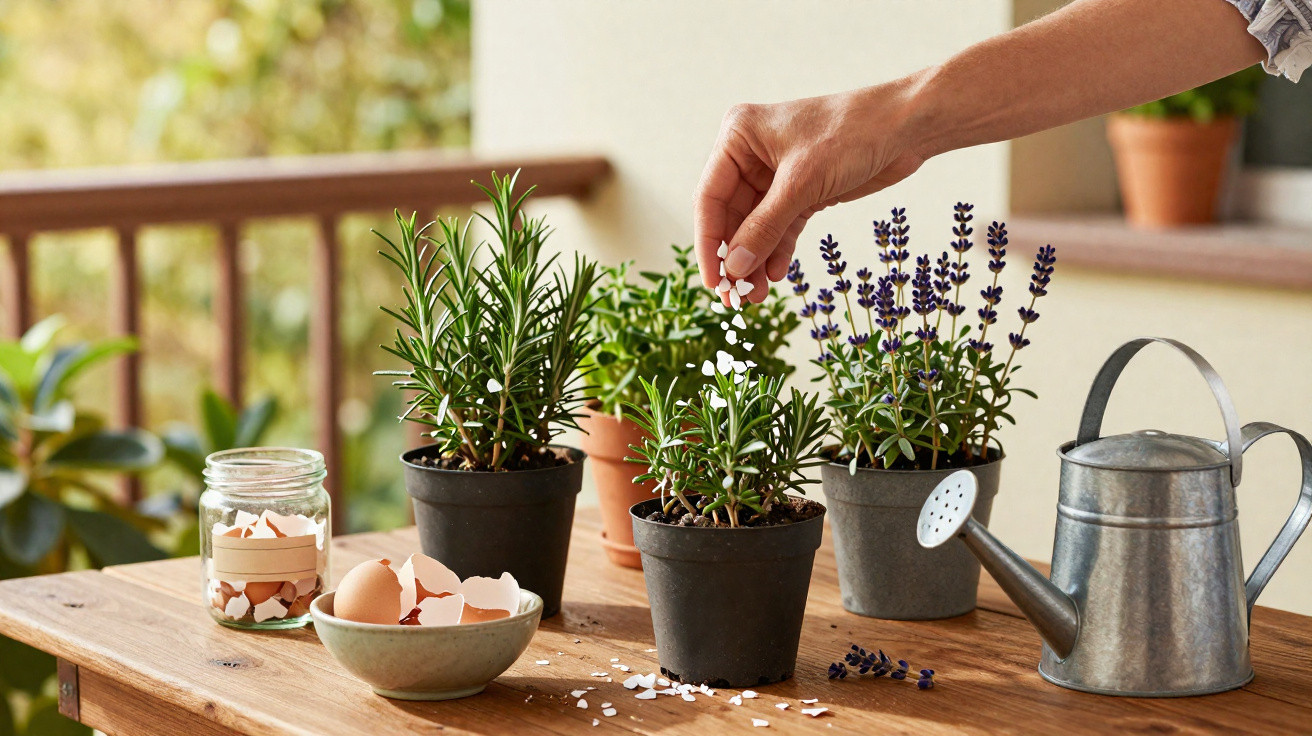 Pessoa pulverizando cascas de ovos moídas em plantas em vasos sobre mesa de madeira.
