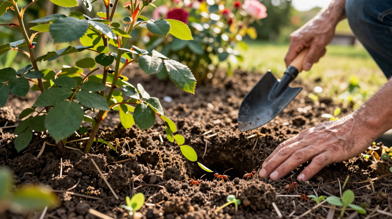 Pessoa cavando buraco no jardim próximo a formigas e plantas com pequena pá preta.