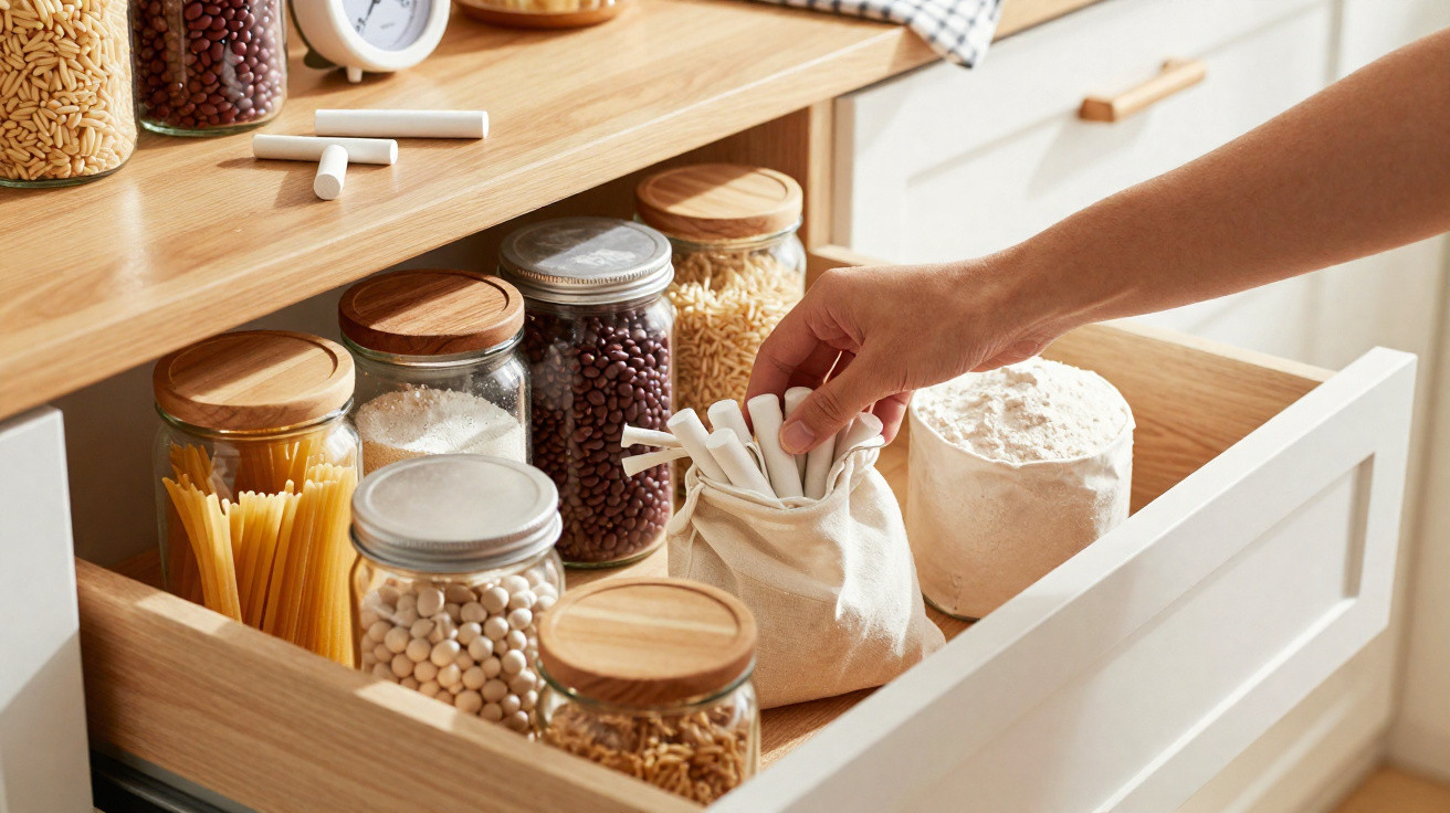 Gaveta organizada com potes de vidro contendo grãos, massas e utensílios de cozinha, mão pegando giz branco.